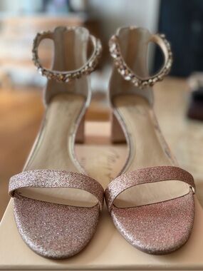 Women's Rose Gold Glitter Block Heel Sandals with Ankle Jewel Strap